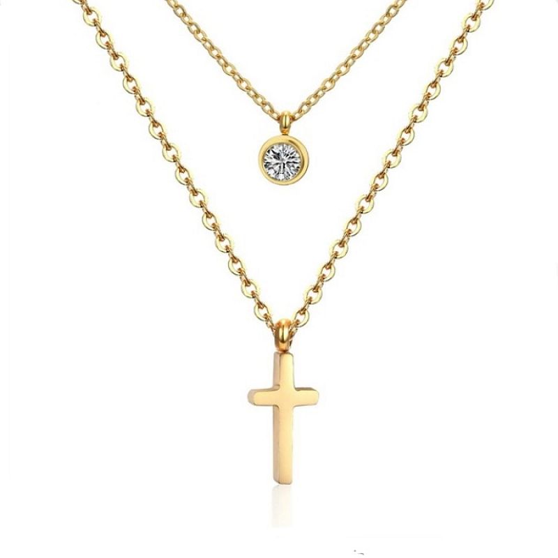 Dvojitý zlacený náhrdelník s křížkem a zirkonem AD0030G chirurgická ocel